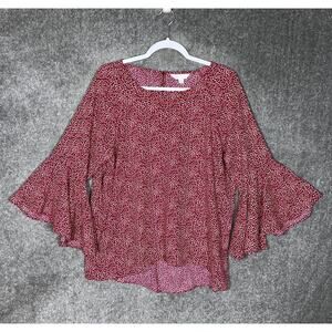LC Lauren Conrad Ruffle Bell Sleeve Split Back Top Womens Size‎ XL Red Keyhole